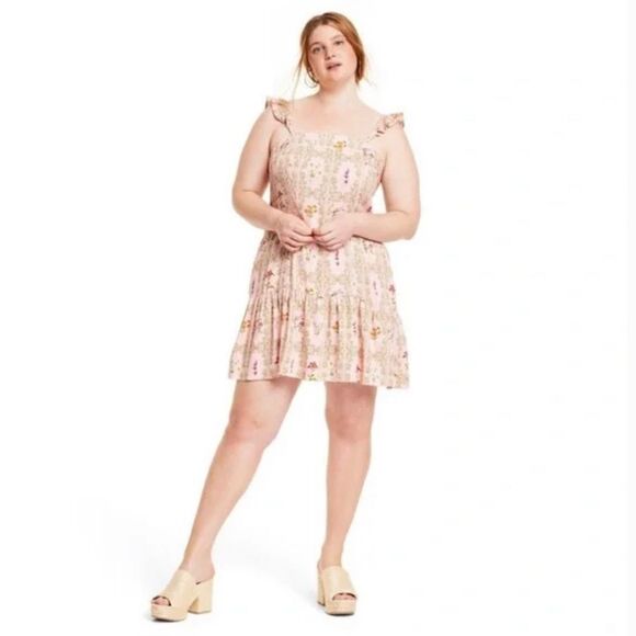 Agua Bendita Women's Dainty Floral Tile Print Flutter Sleeve Mini Dress NWT XXL - Picture 1 of 11